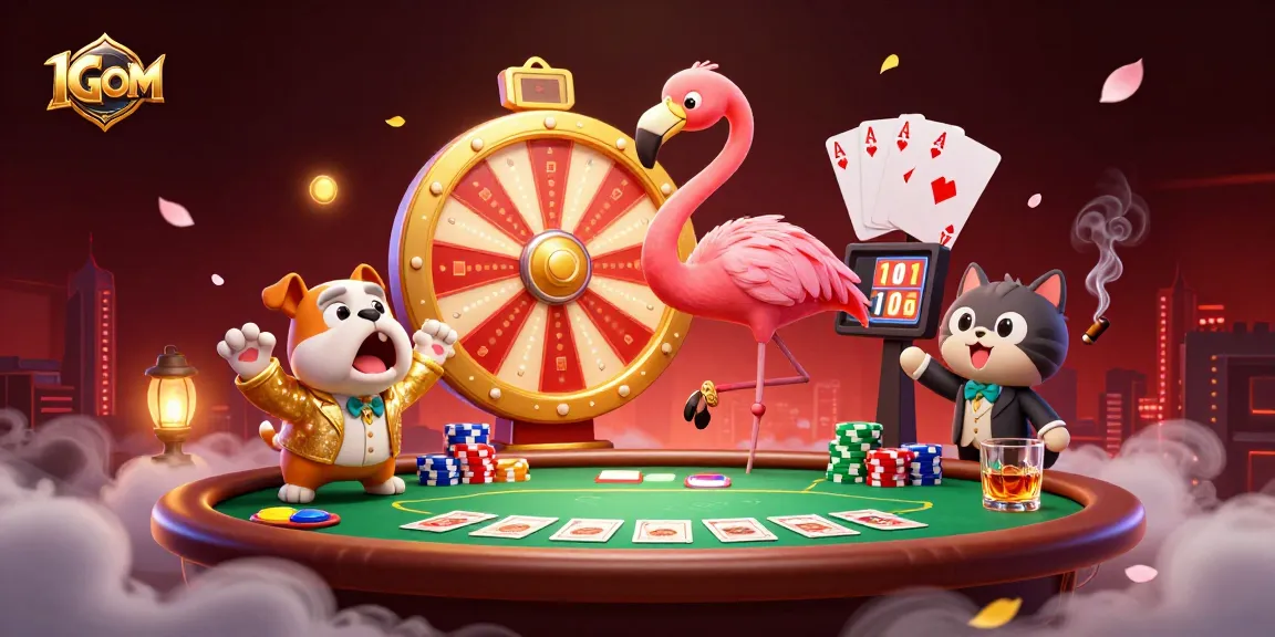 1GOM showcases a dynamic gaming scene with characters celebrating big wins and vibrant casino elements.