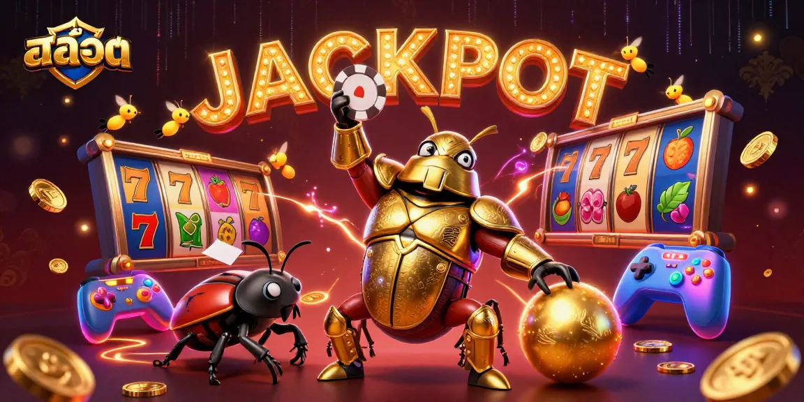 Experience thrilling สล็อต action with a golden-armored beetle in victory, surrounded by vibrant game elements.