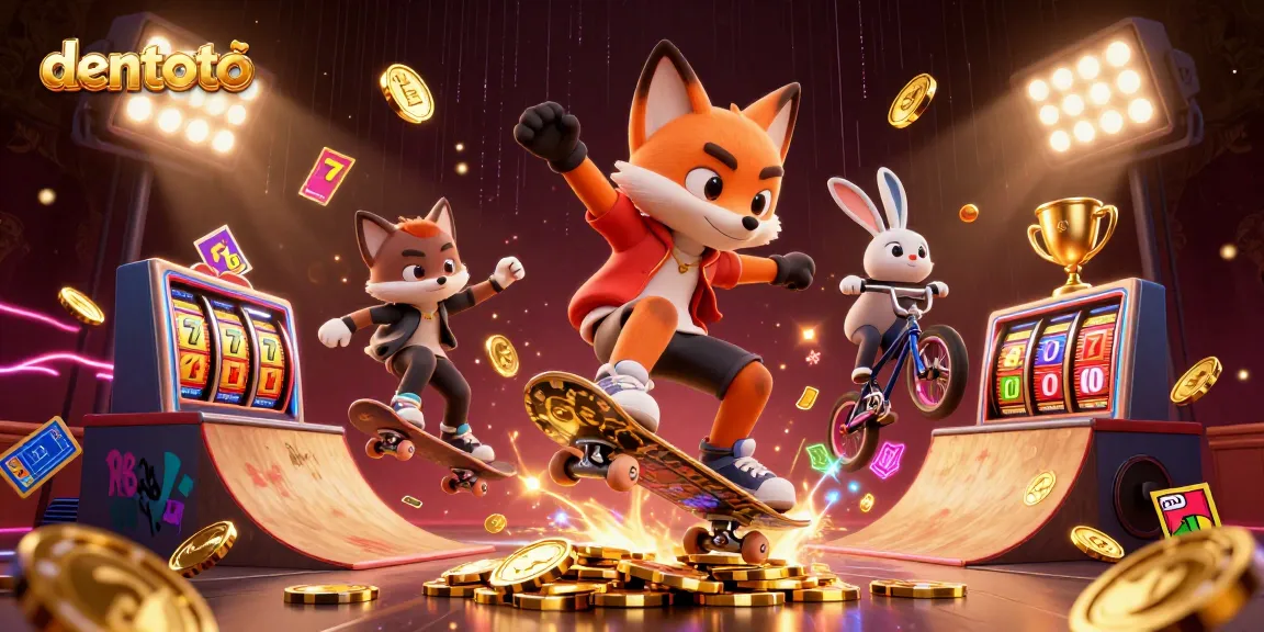 Experience excitement at dentoto, featuring a skateboarder fox and BMX rabbit in a vibrant casino scene.