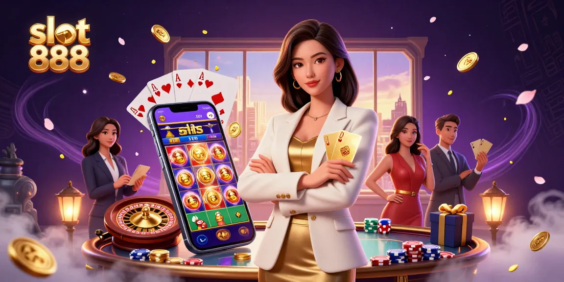 Play exciting slot games with a stunning Asian woman holding slot 888 cards in a dynamic casino scene.