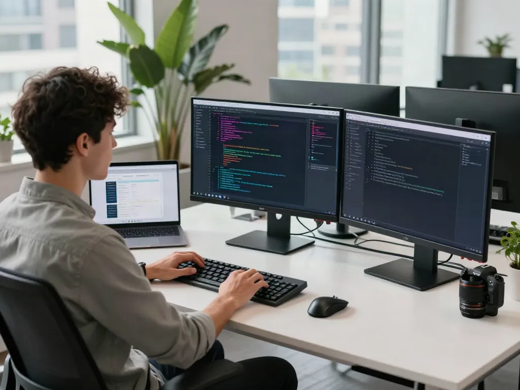 Developer coding in a tech workspace with brave浏览器 displayed on dual monitors and a dynamic city view.