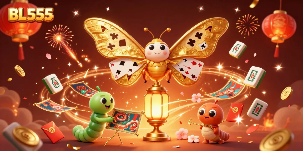 Experience winning excitement at BL555 with a vibrant 3D casino scene featuring playful moths and gaming elements.