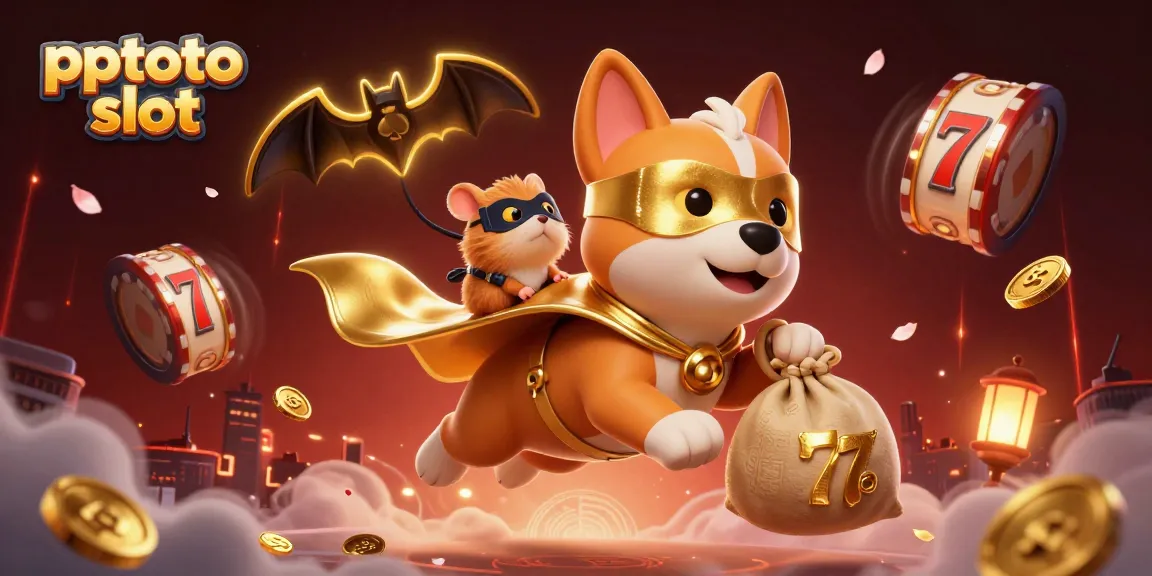 Experience the excitement of pptoto slot with our dynamic illustration featuring a superhero dog and hamster in a vibrant casino scene.