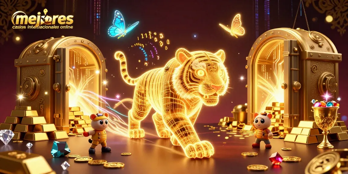 Explora los mejores casinos internacionales online con un tigre dorado energético en un paisaje digital lleno de tesoros.