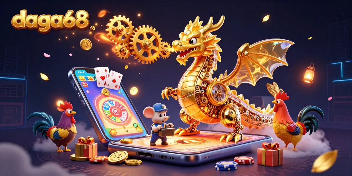 Daga68 showcases a dynamic 3D illustration depicting a biomechanical dragon amidst cockfighting betting elements, engaging viewers.