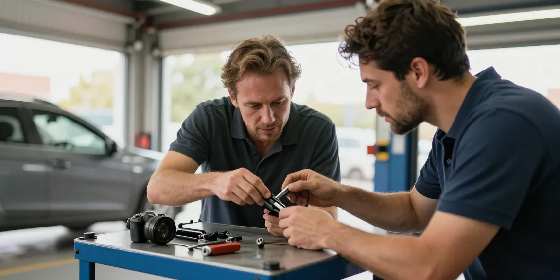 Autosleutel Stuurslot vervangen by skilled locksmith in urban garage setting.