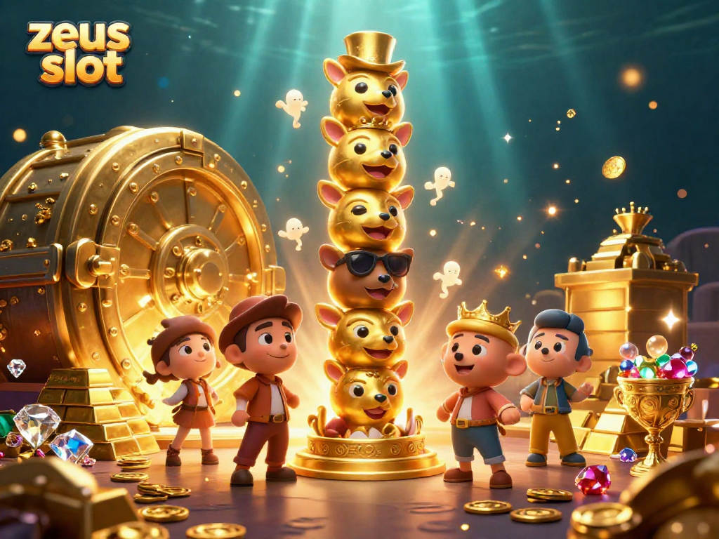 Experience thrilling play in zeus slot with dynamic treasures and vibrant 3D characters amidst shining gems and gold.