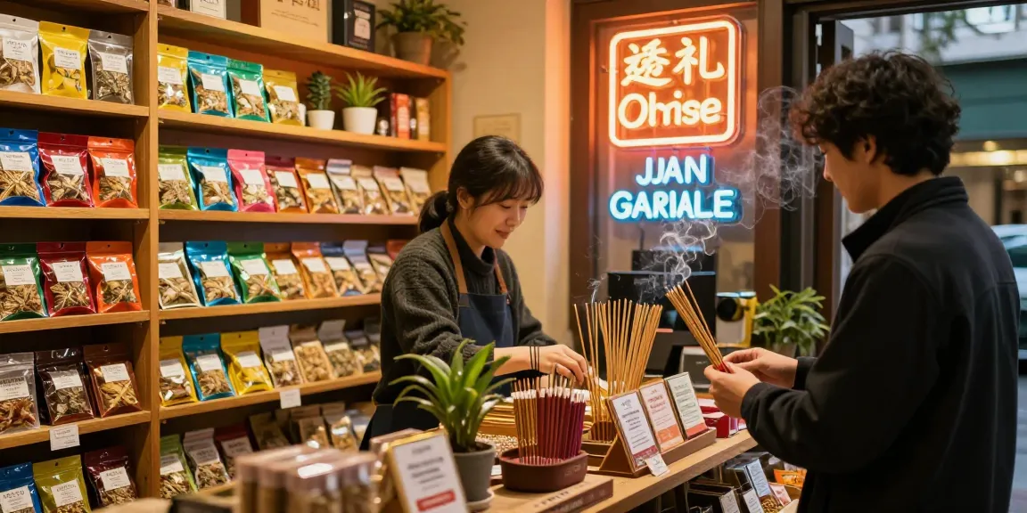 Explore the herbal aromas while shopping for buy-green-caution-herbal-incense in a vibrant urban shop.