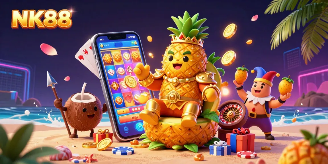 Engaging scene of NK88 with a golden pineapple king ruling at a casino beach, showcasing thrilling slot games and vibrant casino elements.