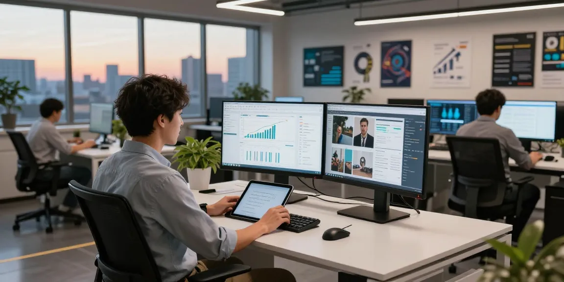 AI detector in action with data analyst reviewing content moderation analytics in a modern office environment.