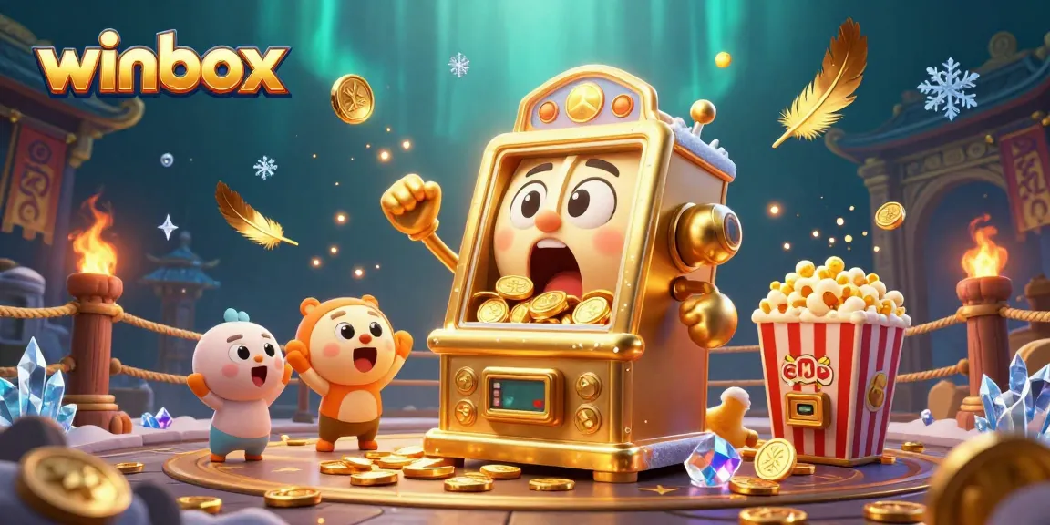 Winbox brings excitement with a golden slot machine celebrating a jackpot, surrounded by cheering baby slots and golden kernels.