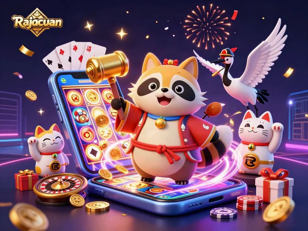 Rajacuan promotes luck with a cheerful tanuki, golden mallet, and dynamic gaming elements.