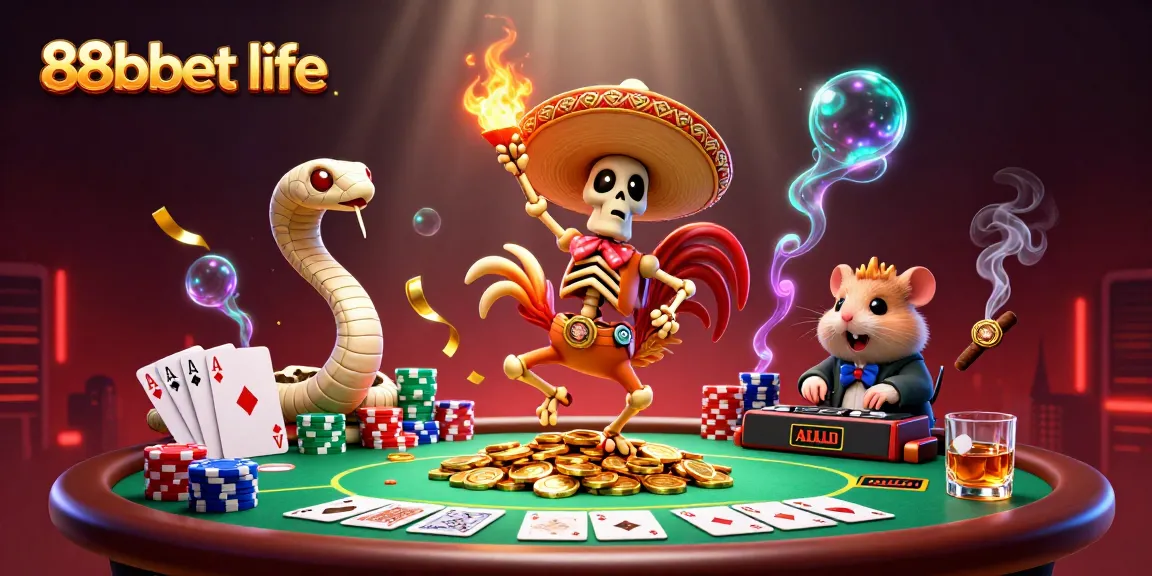 Hình ảnh sống động về 88bbet life với các nhân vật casino và bàn poker trong một bối cảnh rực rỡ.