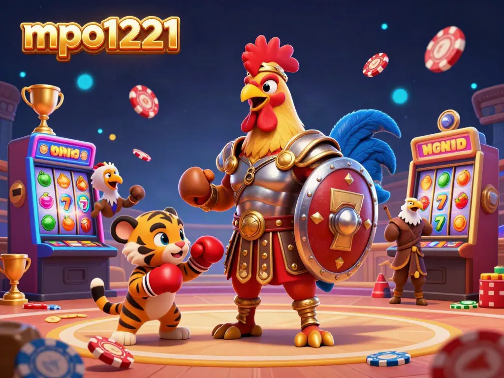 Experience the excitement of mpo1221 in a vibrant 3D gambling scene filled with slot machines and playful characters.