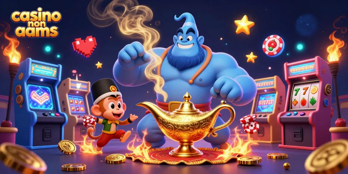 Immergiti nel vibrante mondo dei casinò non AAMS attraverso un'emozionante illustrazione 3D con un genio, una scimmia e elementi di casinò.