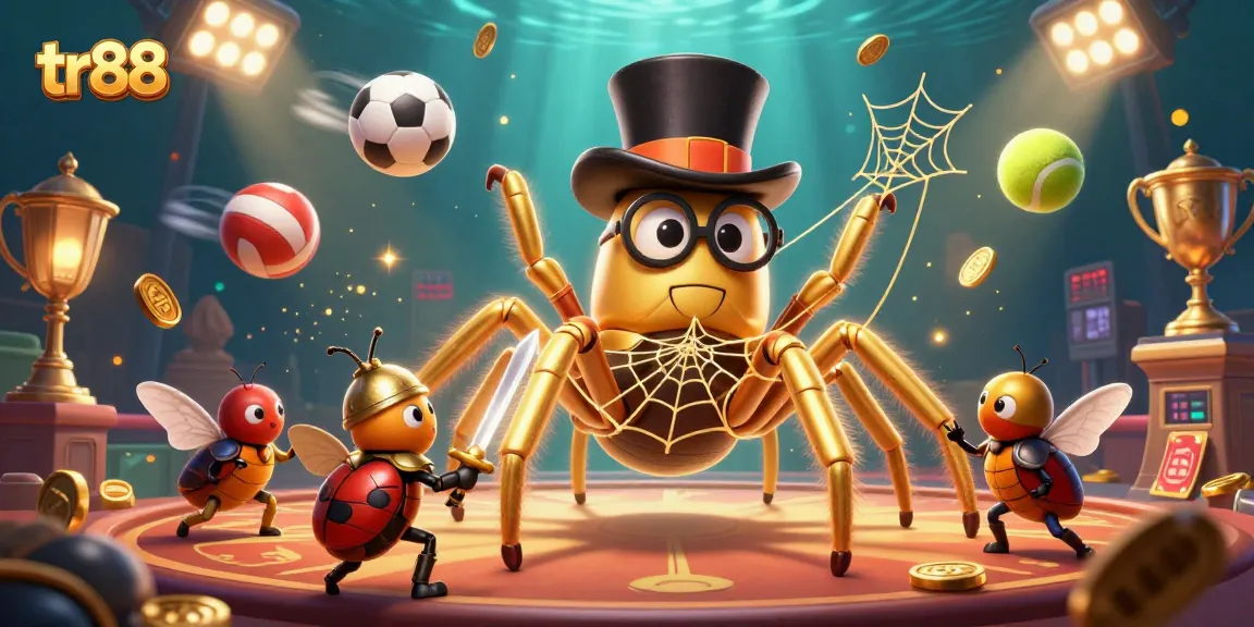 Experience action with tr88, featuring a golden tarantula and beetle knight in a vibrant casino scene.
