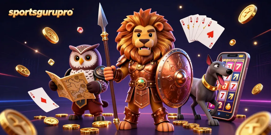 Experience dynamic gaming with sportsgurupro featuring a Spartan lion, owl strategist, and greyhound amidst coins and cards.