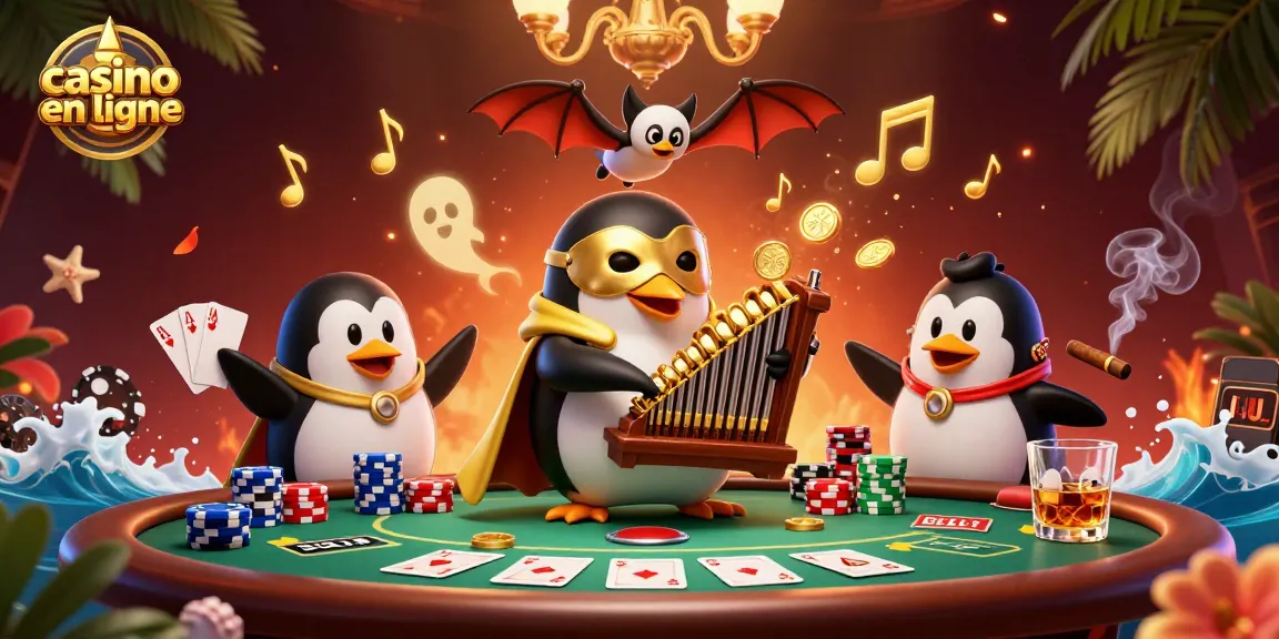 Jouez au casino en ligne avec un pingouin fantôme musical entouré de symboles de poker et de jetons colorés.