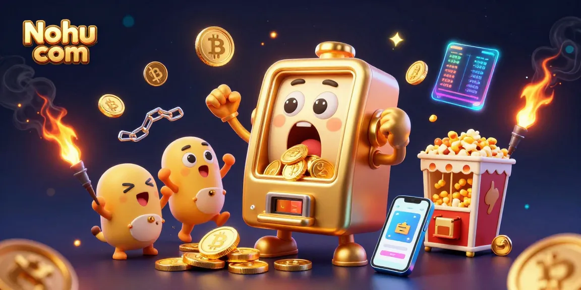 Nohu com showcases a vibrant scene with a golden slot machine hitting a jackpot as coins burst forth, celebrating the thrill of casino play.