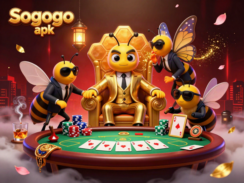Sogogo apk showcases a vibrant 3D casino scene featuring a bumblebee mob boss and poker elements.