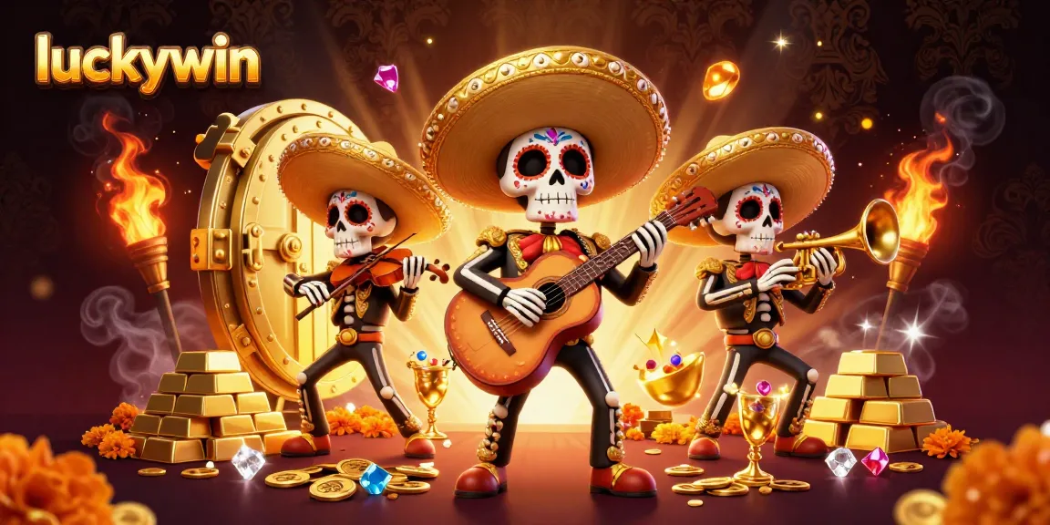 Experience exciting winnings at luckywin with vibrant mariachi skeletons amidst gold treasures and dazzling gems.