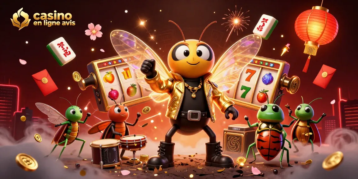 Illustration colorée d'un cicada rock star et son groupe jouant dans un casino en ligne avis, entourés de symboles de jeux.