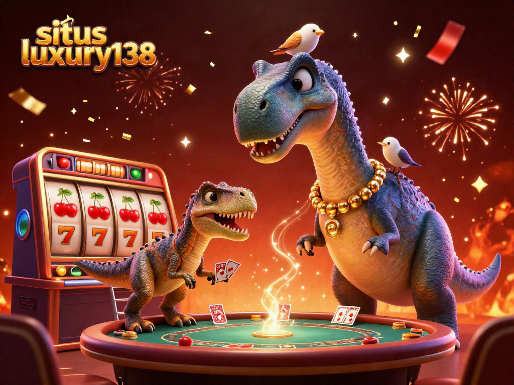 Aktivitas permainan slot di situs luxury138, dengan dinosaurus dan dealer keren yang beraksi.