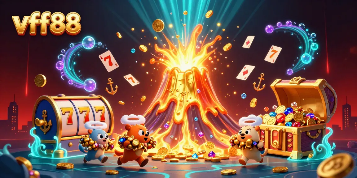 Experience the excitement of vff88 with a dynamic casino scene featuring a golden volcano and treasures.
