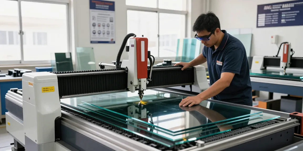 Technician using a glass cutting machine in a well-organized workshop.