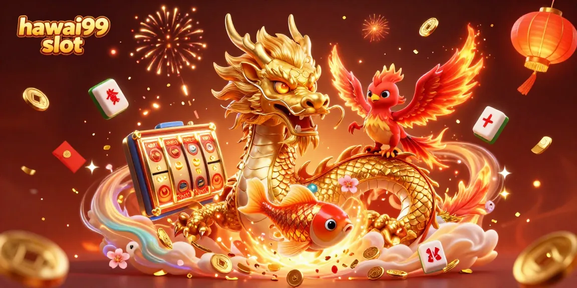Experience the excitement of hawai99 slot with a dynamic illustration featuring a golden dragon.