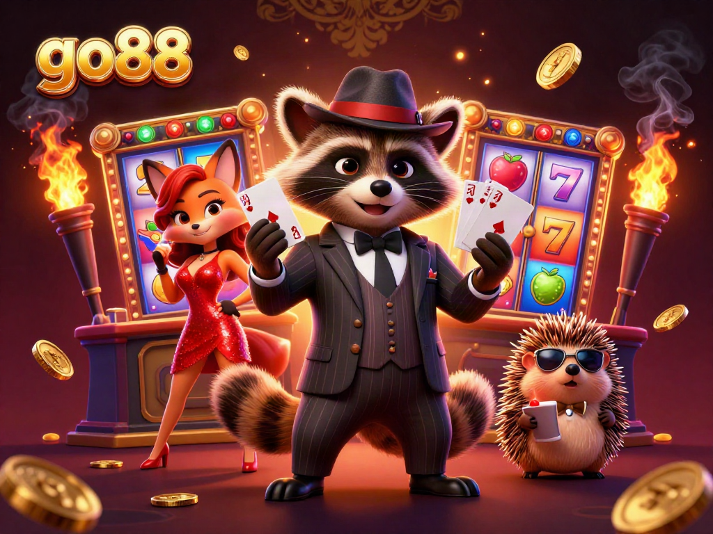 Go88 raccoon shows royal flush in a vibrant casino scene with slot machines and gold coins.