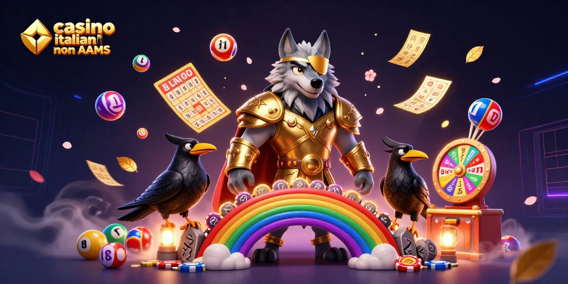 Vivi l'azione nei casino italiani non AAMS con un'illustrazione vibrante e dinamica ricca di elementi giochi e vincite.
