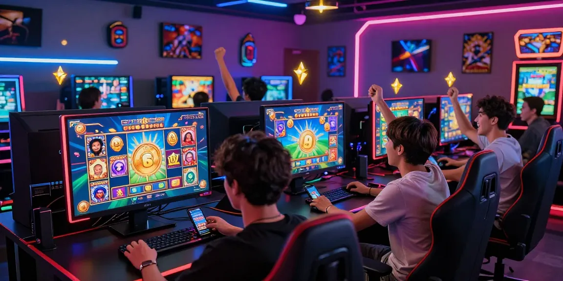 Friends enjoying tambakbet link while playing interactive slot games in a vibrant gaming hub