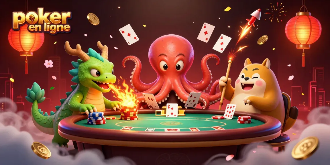 Pariez au poker en ligne dans un univers coloré et dynamique, avec un croupier pieuvre et un dragon.