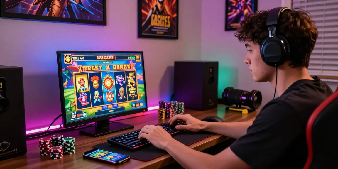 Player enjoying a slot gacor game on laptop with vibrant graphics and gaming tokens.