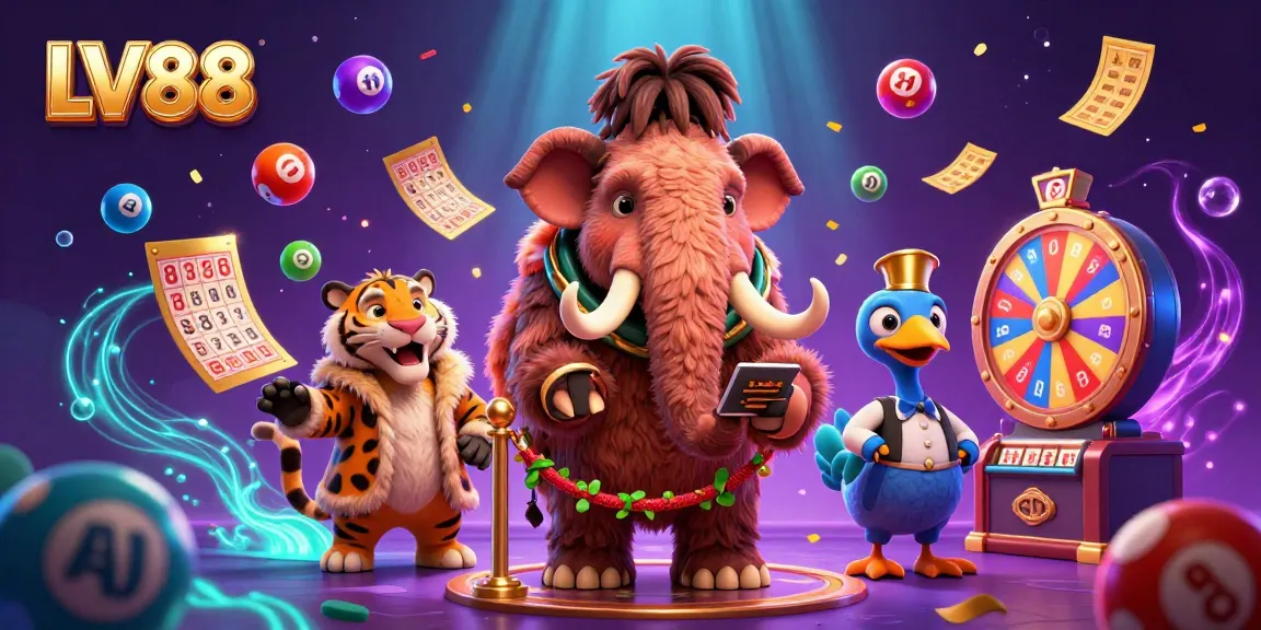 Engage in fun ticket-winning moments at LV88 casino with vibrant gaming elements surrounding playful characters.