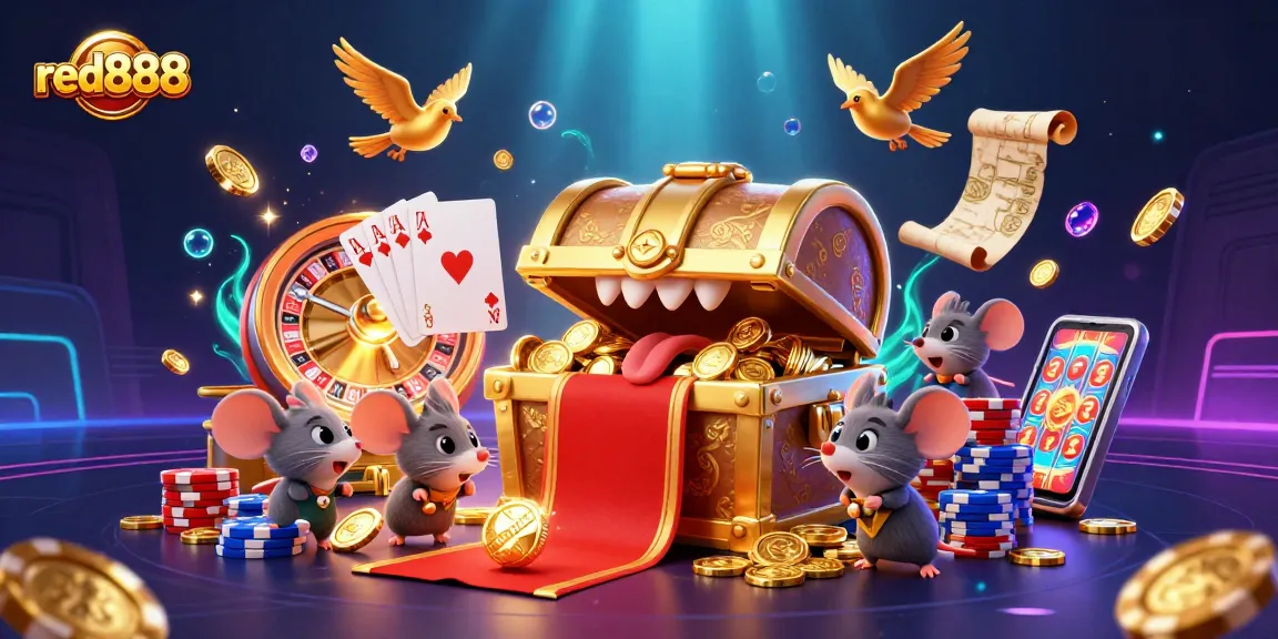 Experience thrilling wins with red888 in a vibrant casino illustration featuring exciting gaming elements.