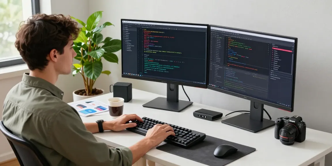 快连 software development workspace showcasing dual monitors, coding environment, and tech gadgets for enhanced performance.