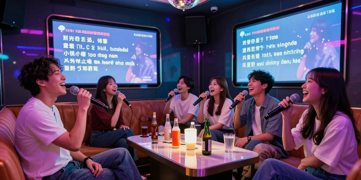 Friends enjoying 강남가라오케 singing together in a vibrant karaoke room.