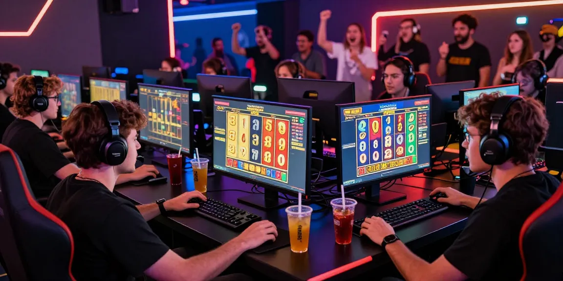 Playbook88 gamers engaged in thrilling slot gameplay in a vibrant esports arena.