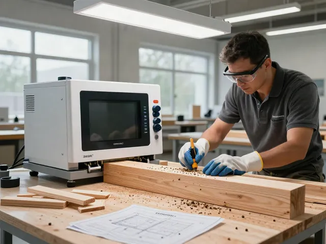 SHASHEL® microwave equipment efficiently treating wood beams infested with pests in a modern workshop.