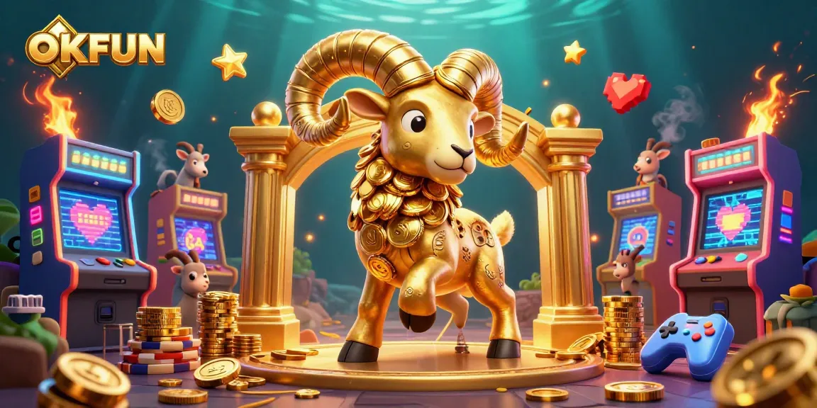 Experience the excitement at OKFUN with vibrant games and dynamic casino elements surrounding a golden ram.