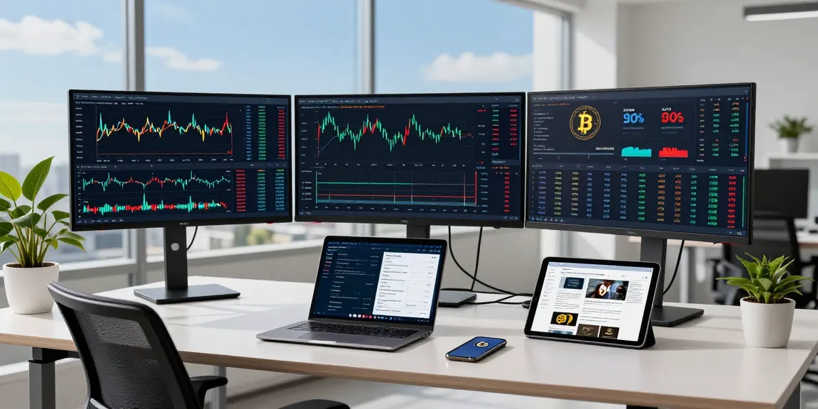 money6x.com make money online focused on cryptocurrency trading setup in a bright office with multiple screens displaying Bitcoin and Ethereum prices