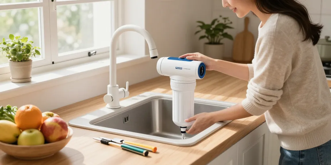 AQUA CREST GXRTDR Inline Water Filter installation in a modern kitchen with natural light and fresh produce.