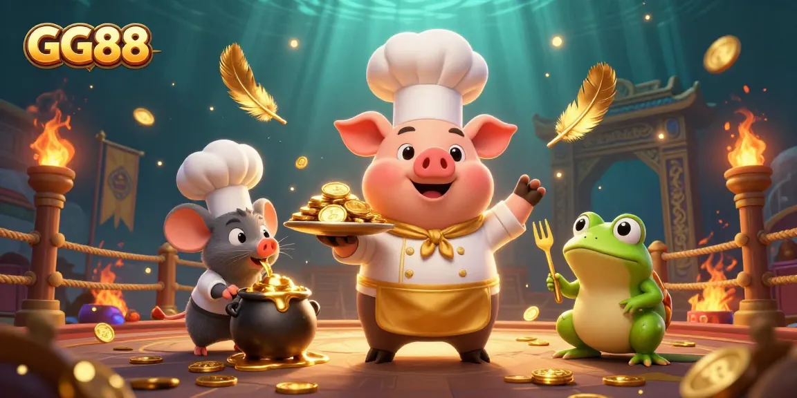 Engage with GG88's vibrant casino experience featuring a chef pig serving gold coins in a colorful atmosphere.