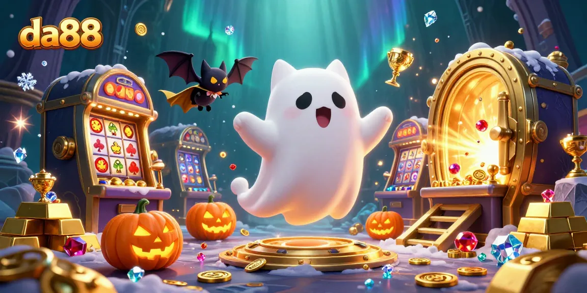 Engage in thrilling gameplay at da88 with a magical scene featuring a ghost cat, valuable treasure, and spooky casino ambiance.