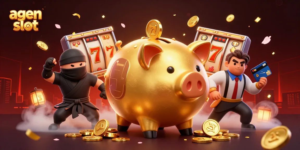 Experience thrilling agen slot action with a golden piggy bank wrestler in a vibrant casino scene.
