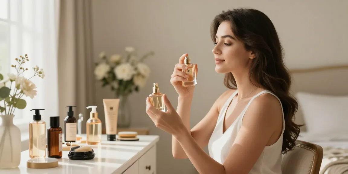 Applying مسك ملكي perfume in a luxurious bedroom with elegant beauty products.