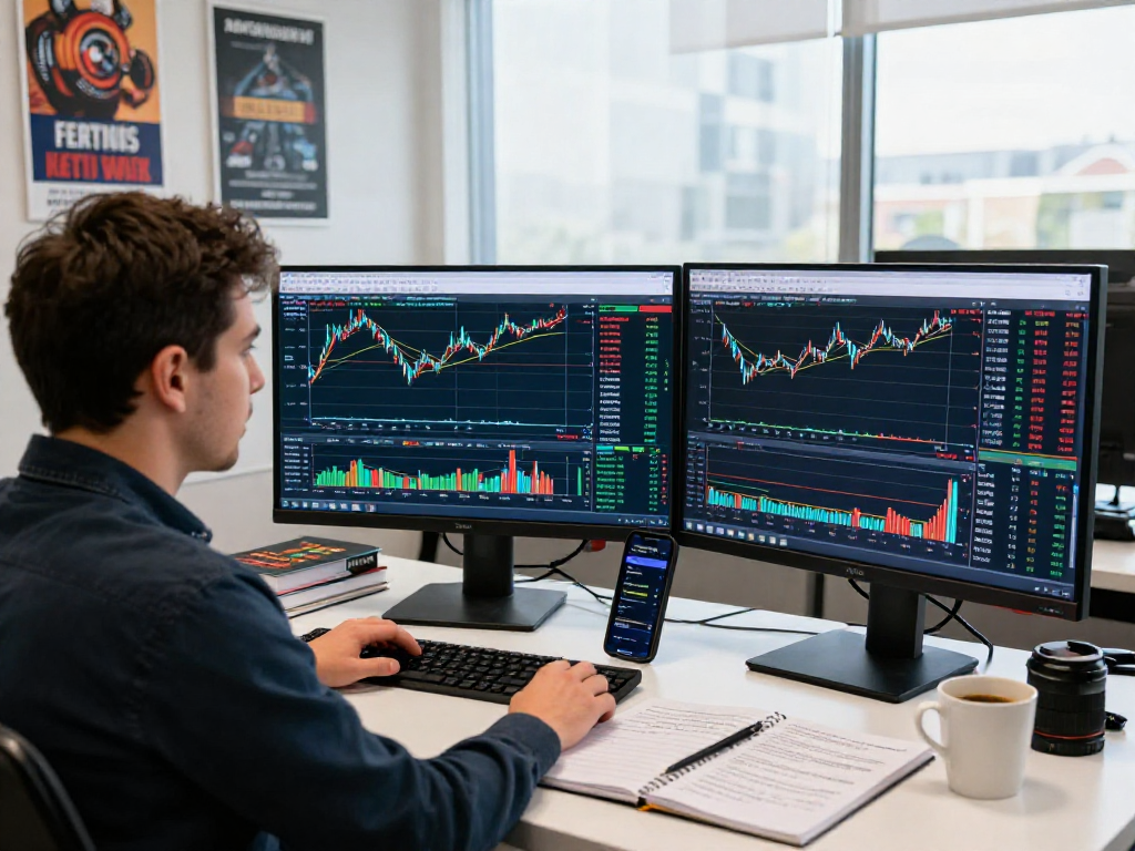 Focused trader analyzing market data on metatrader 5 platform with dual monitors.