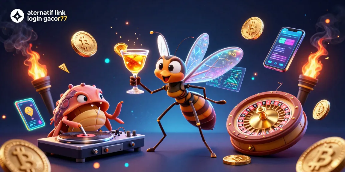 Engage with thrilling games at alternatif link login gacor77, featuring vibrant casino mascots and crypto elements.